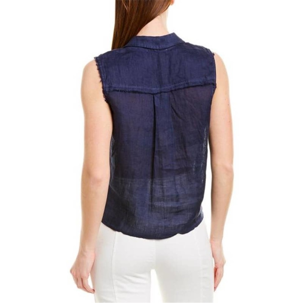 Cloth & Stone Navy Blue Linen Sleeveless Fringe Button Down Tie Waist Blouse M - Picture 3 of 10